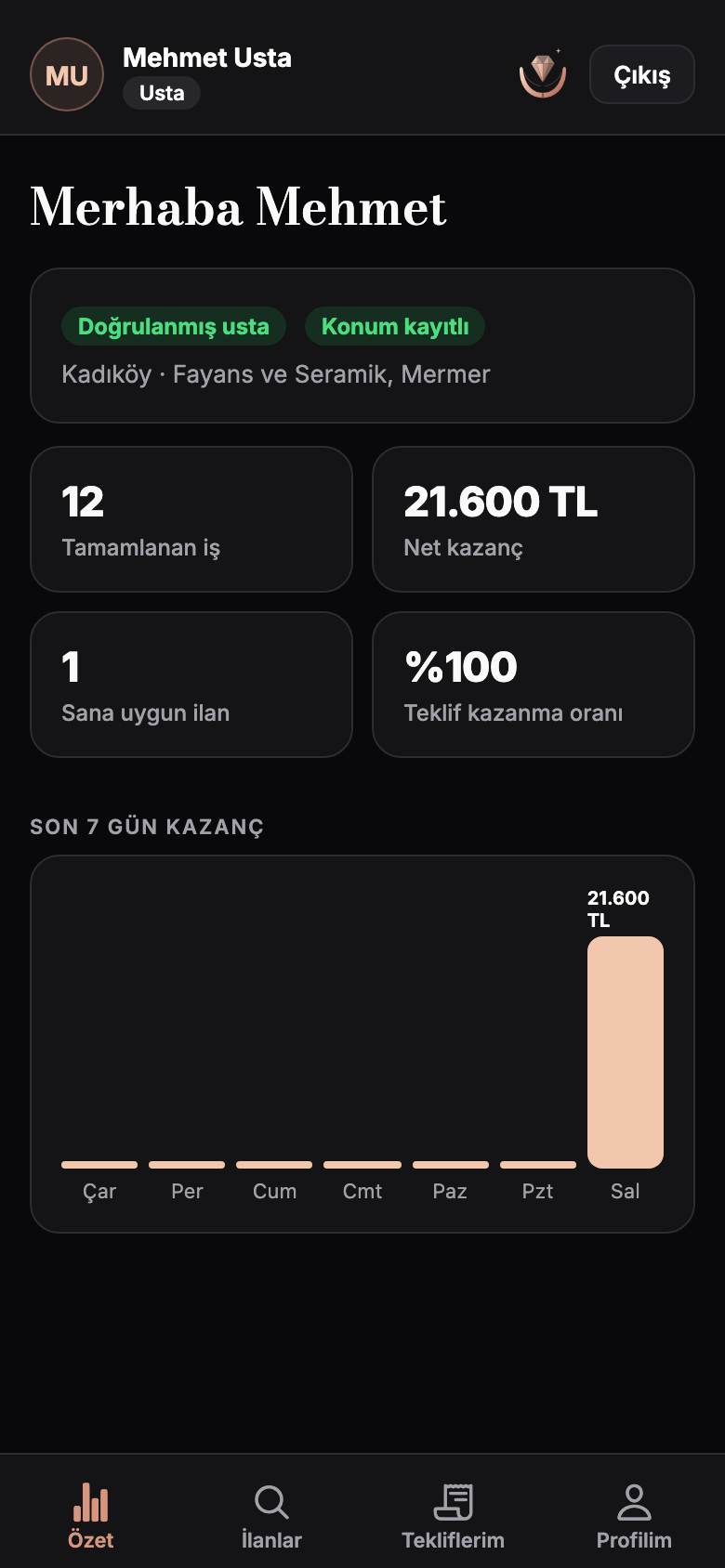 Usta ilanlar ekranı